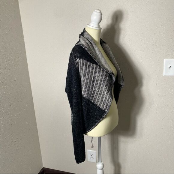 Cabi Black & Gray Shawl Collar Drapped Open Front Knit Cardigan Women's Medium - Picture 7 of 13